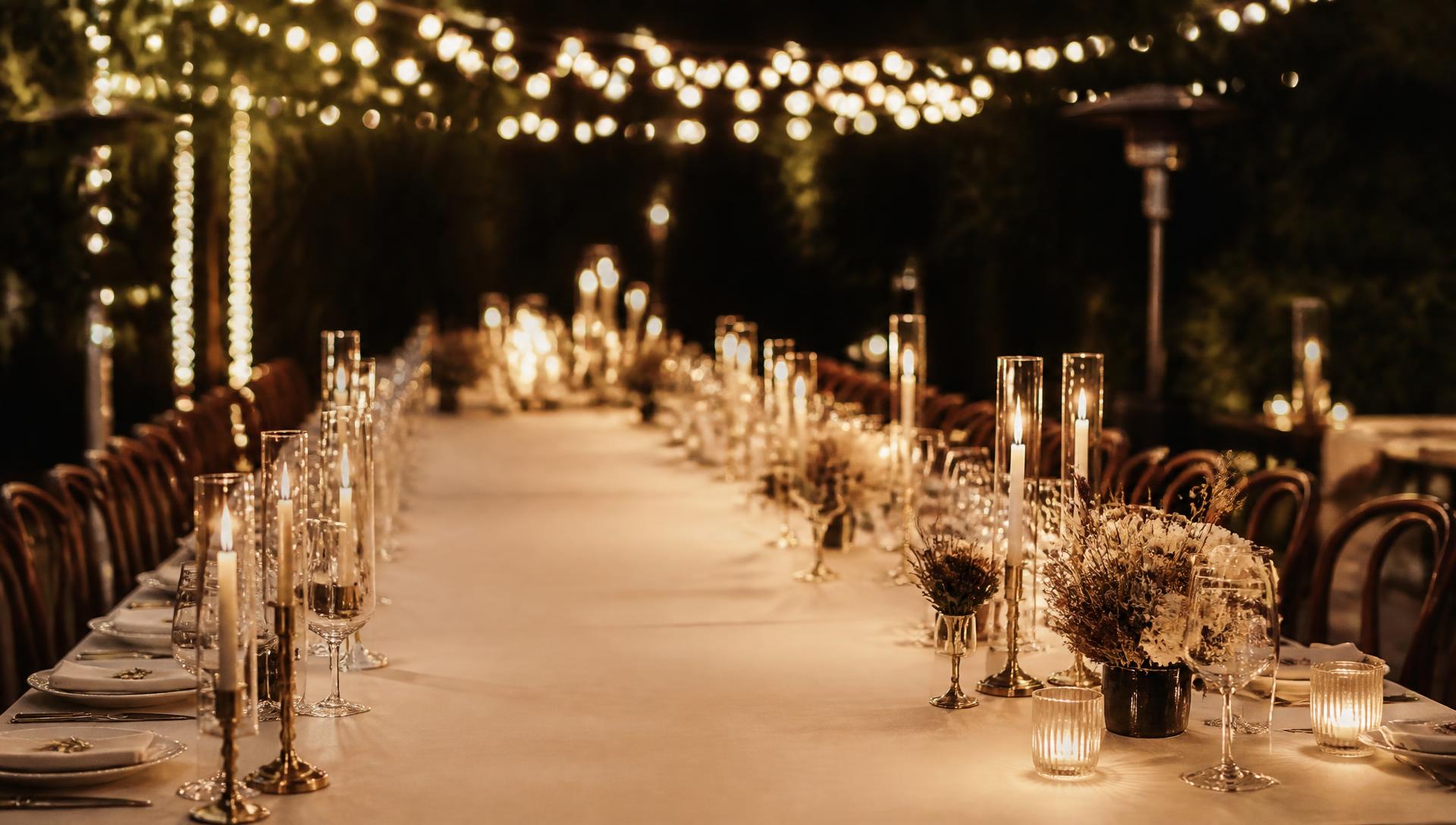 Long celebration table set with candles beneath warm string lights