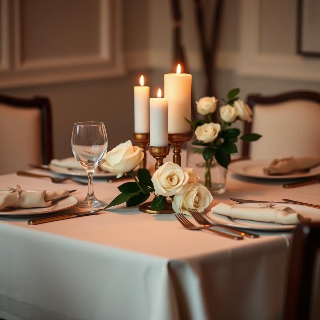 Intimate anniversary dinner table set with candles and white roses