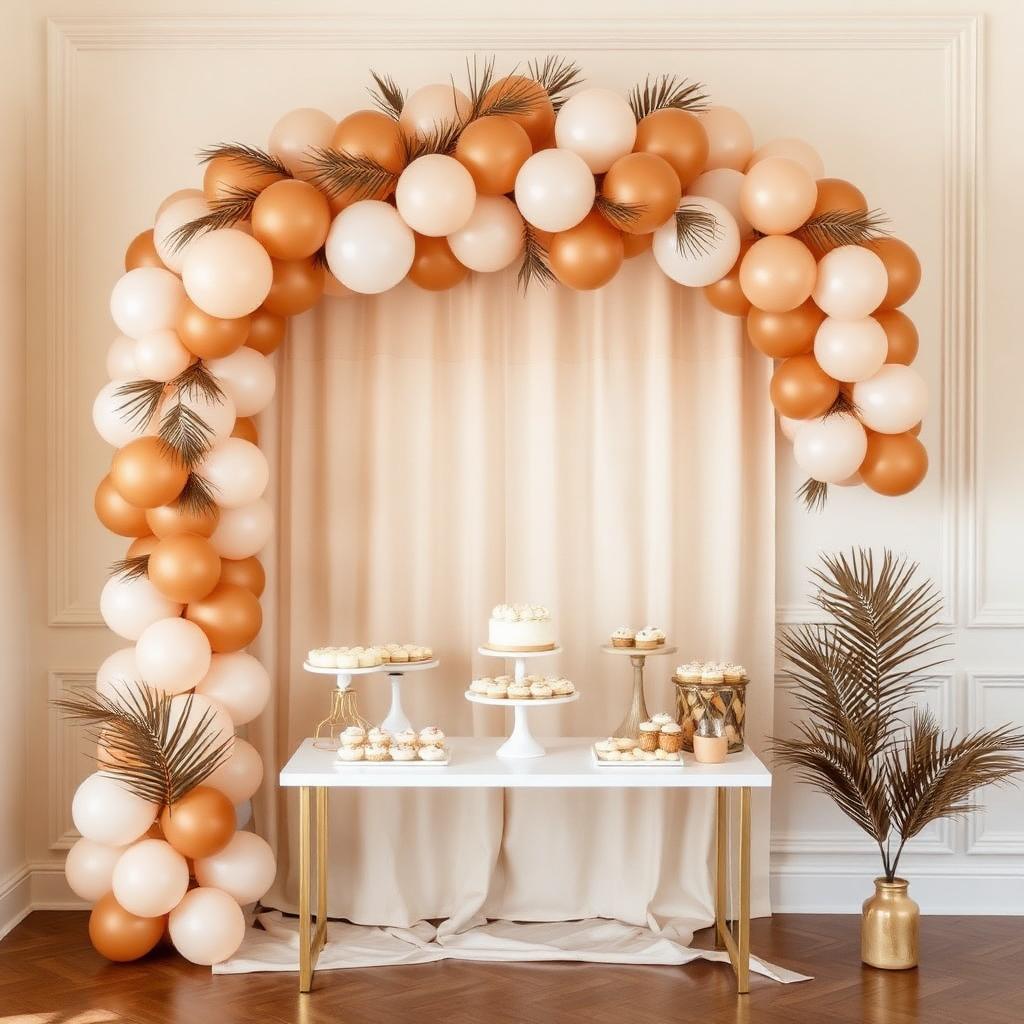 Baby shower dessert table with a cream and caramel balloon arch