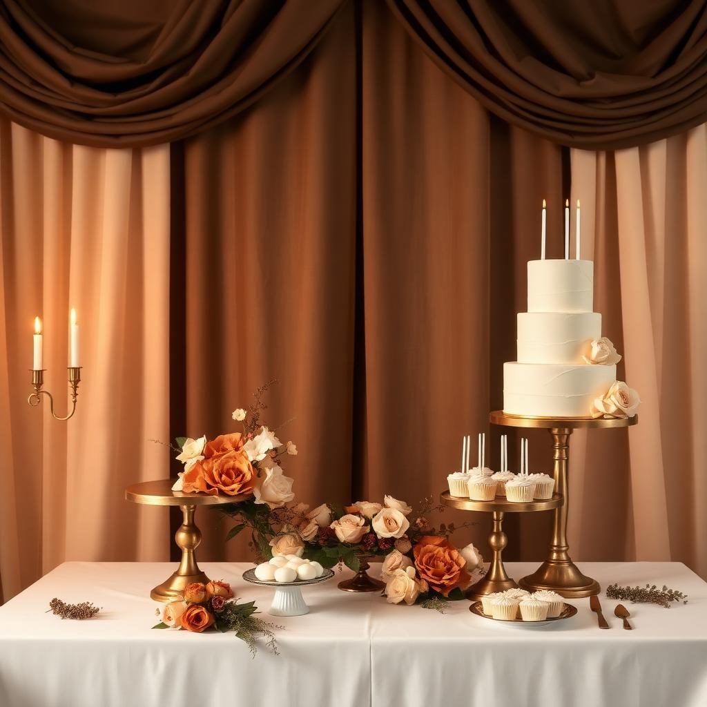 Birthday celebration dessert table with tiered cake and brass stands