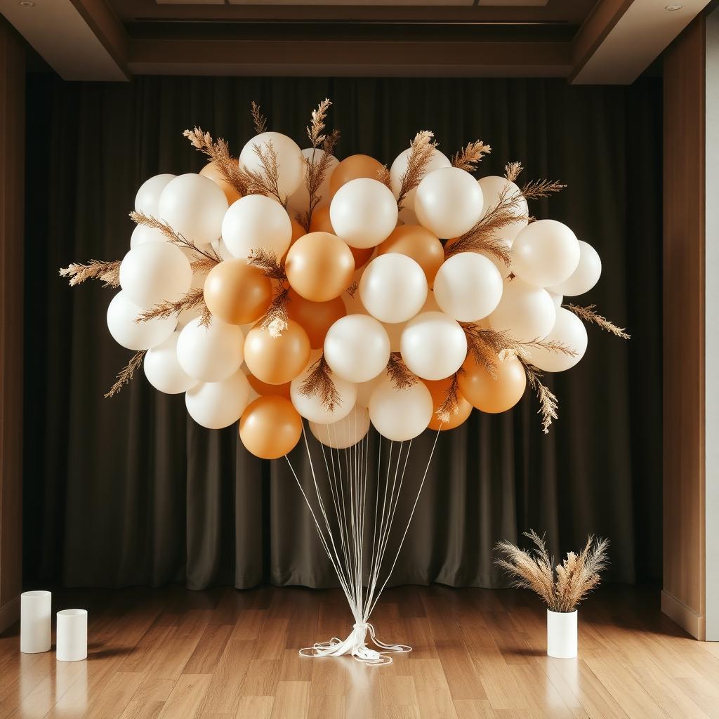 Gender reveal balloon installation in neutral cream and caramel tones