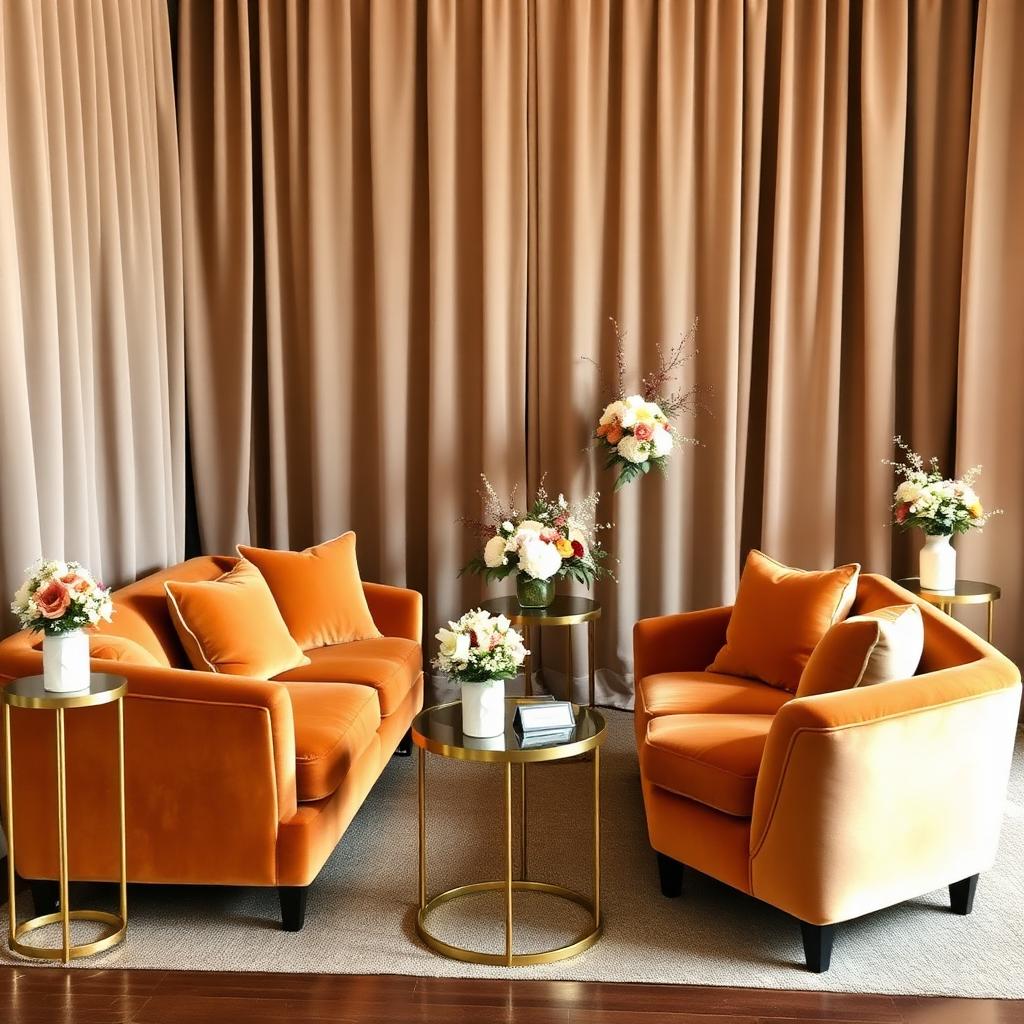 Milestone celebration lounge area with velvet seating and florals