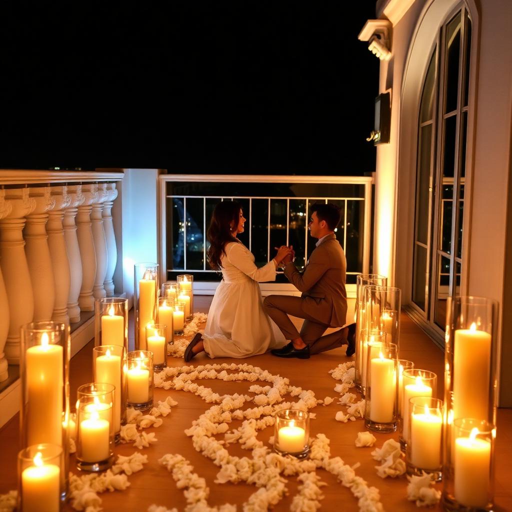 Candlelit proposal setup styled with white roses on a terrace