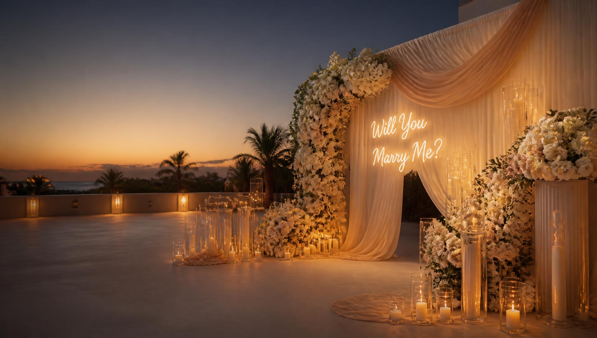 Luxury proposal setup at dusk with draped fabric, florals and candlelight